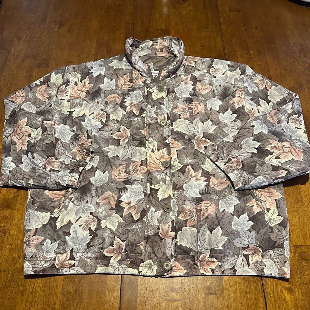 Vintage Vital Zone Women’s Silk Leaf Print Windbreaker Bomber Size Large Retro